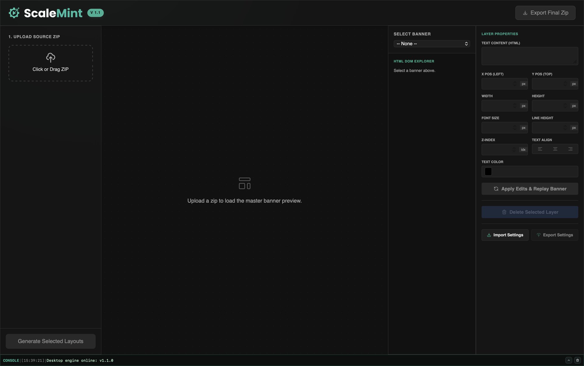 ScaleMint desktop app: banner preview, DOM explorer and layer properties panels