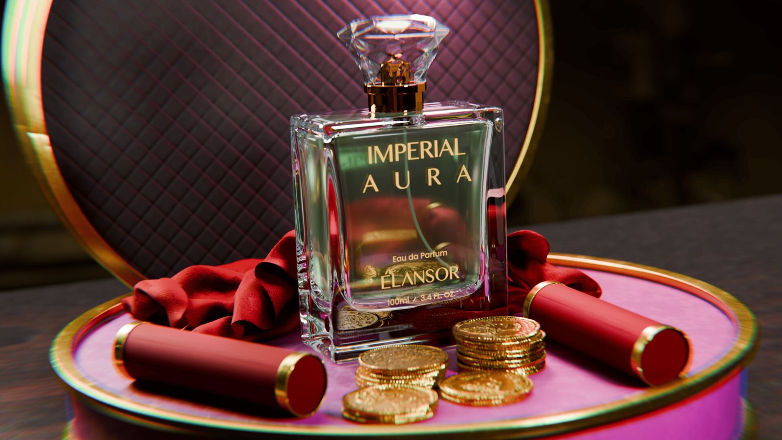 Imperial Aura perfume bottle on a velvet display with gold coins