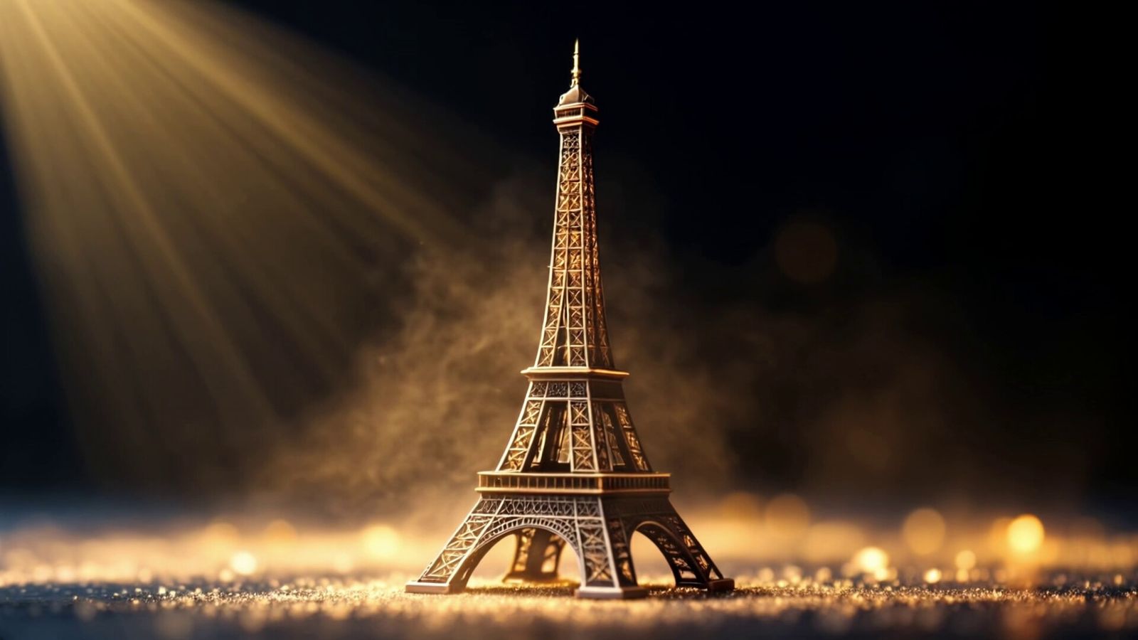 Golden Eiffel Tower model lit by light rays above gold dust