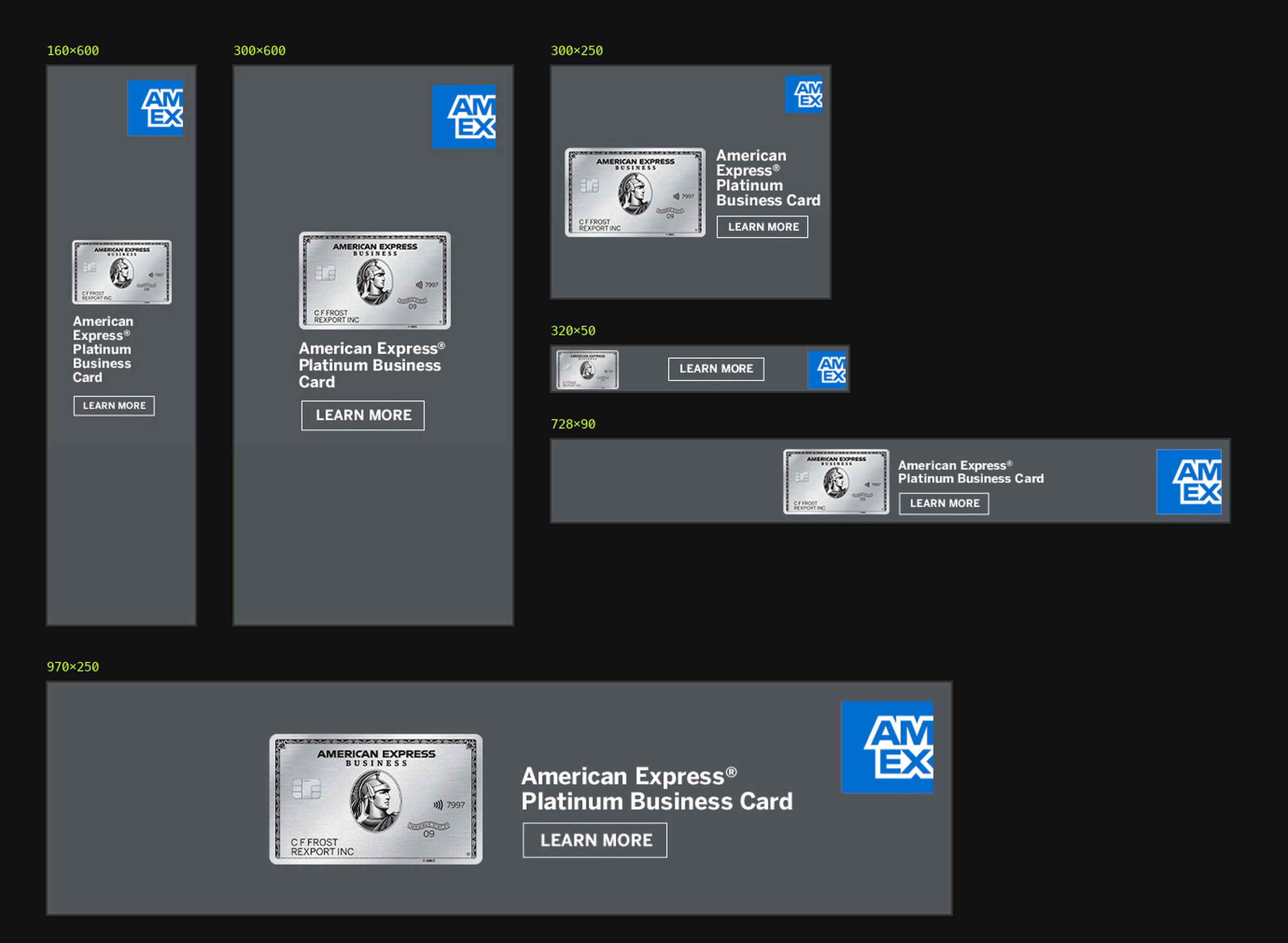 American Express Platinum Business Card banners in six sizes: 160x600, 300x600, 300x250, 320x50, 728x90 and 970x250